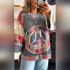 Assorted Sizes: Patched Peace Top, Charcoal-NWT